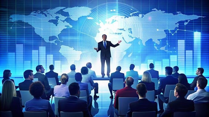 Speaker addressing an audience in front of a world map